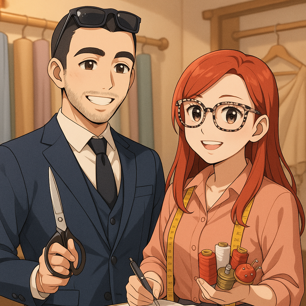 אישה וגבר מחזיקים כלי מדידה לחליפה